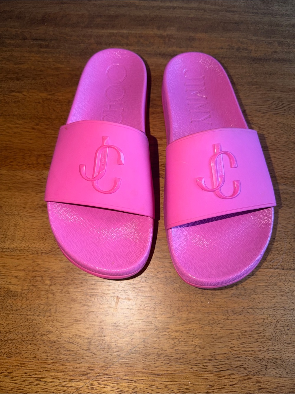 Jimmy Choo Hot Pink Logo Slide Sandals